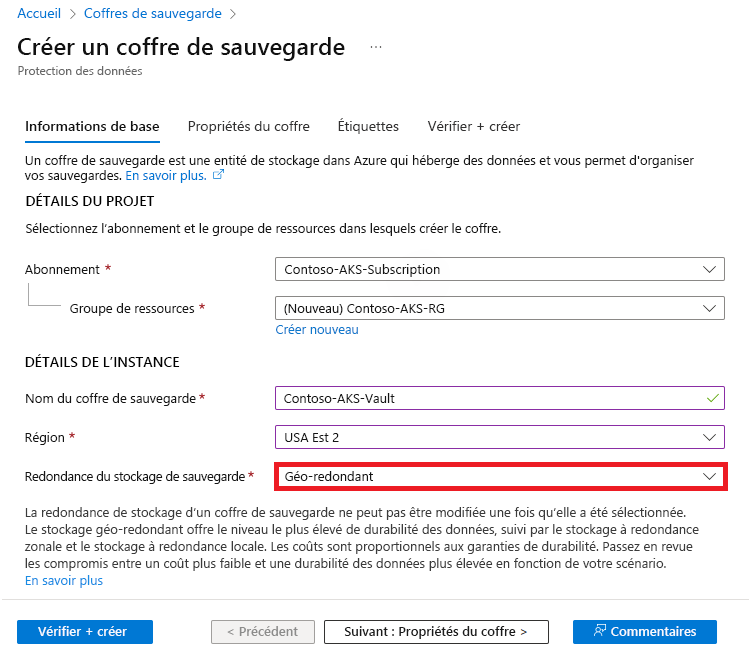 Capture d’écran montrant comment activer le paramètre Redondance du stockage de sauvegarde.