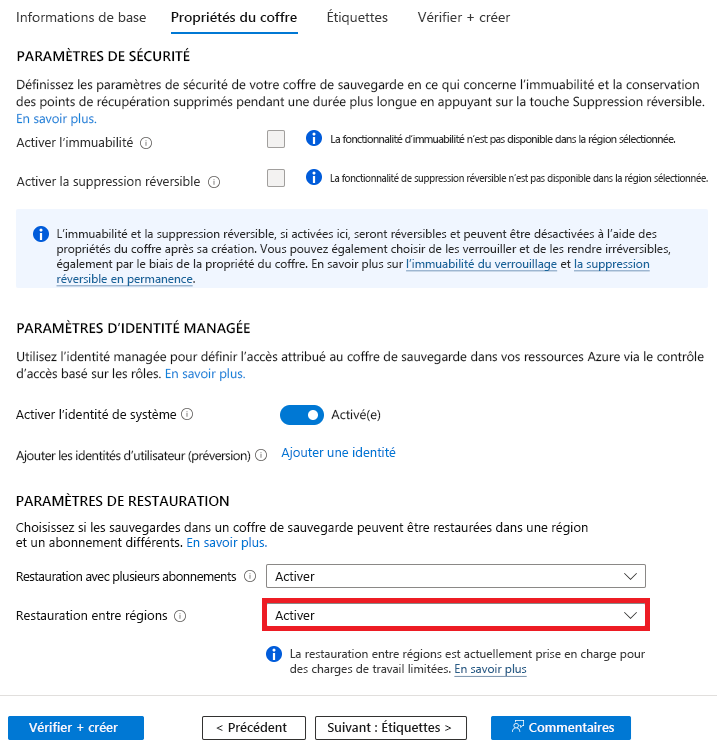 Capture d’écran montrant comment activer le paramètre Restauration interrégion.