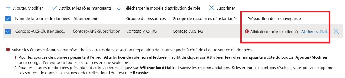 Capture d’écran montrant une erreur de validation lorsque les autorisations requises ne sont pas affectées.