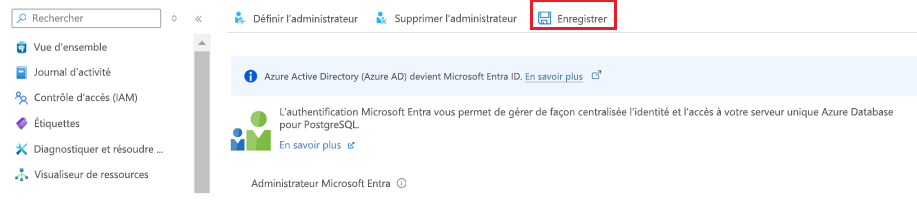 Screenshot showing how to save Active Directory admin user setting.