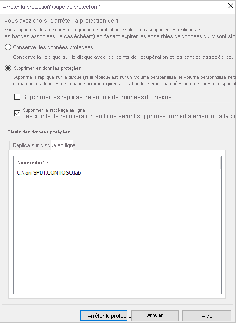 Sélectionnez Supprimer les données protégées dans le volet Arrêter la protection.