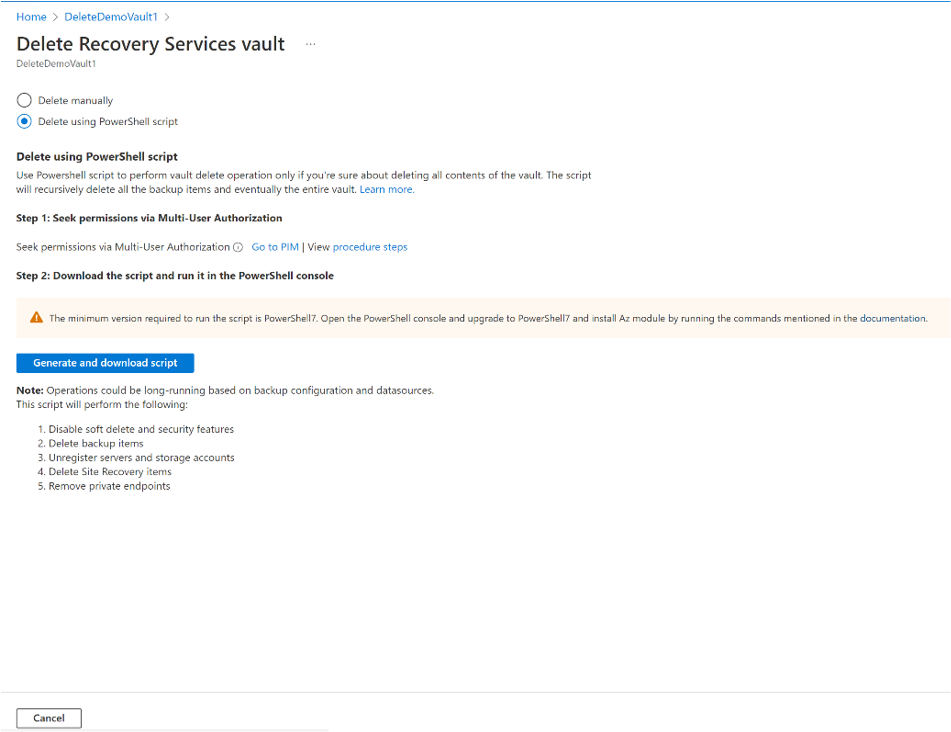 Capture d’écran montrant le processus de génération du script PowerShell de suppression de coffre.