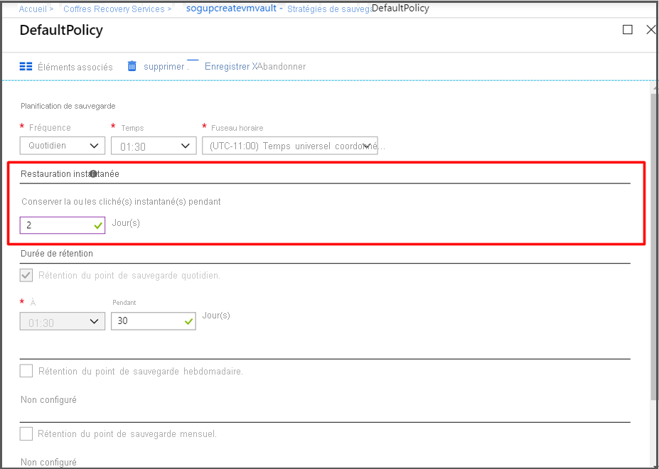 Fonctionnalité de restauration instantanée