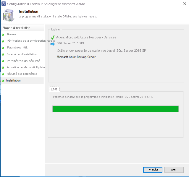 Le programme d’installation installe SQL et serveur de sauvegarde Azure