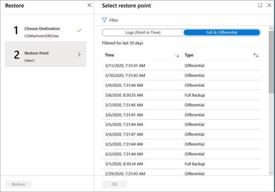 Capture d’écran montrant une liste de points de restauration.