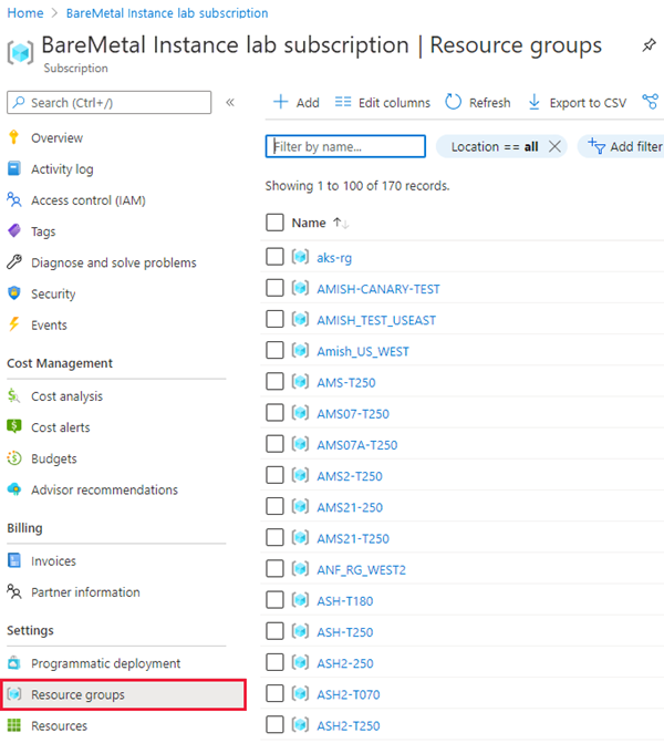 Capture d’écran montrant la liste des groupes de ressources.