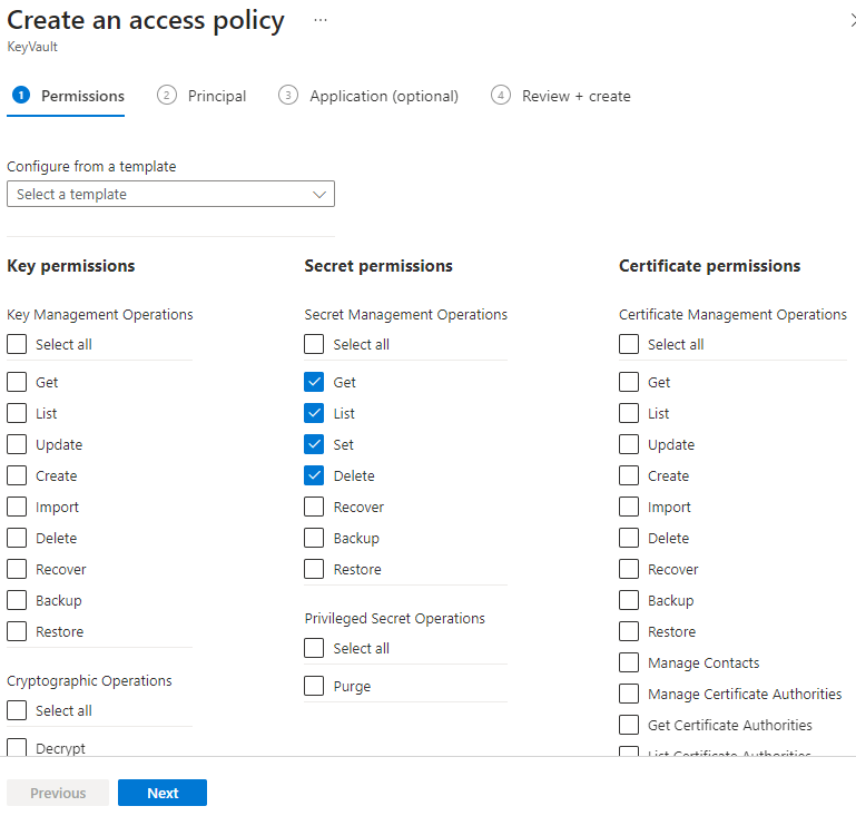 Capture d’écran des sélections Autorisations du secret pour Azure Batch