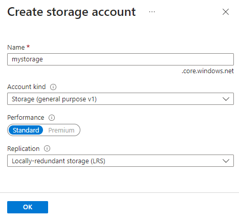 Capture de l’écran Créer un compte de stockage.