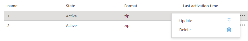 Capture d’écran montrant les options de mise à jour et de suppression pour les packages d’applications dans le portail Azure.