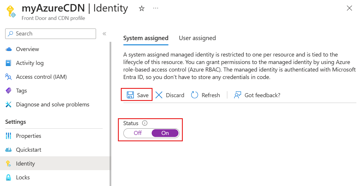 Capture d’écran montrant la page de configuration des identités managées affectées par le système.