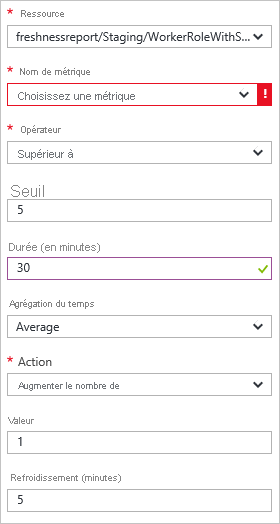 Capture d’écran de la boîte de dialogue Règle avec l’option de nom de la Métrique en rouge.