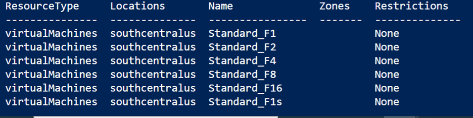 Capture d’écran montrant la sortie Azure CLI de l’exécution de la commande, avec affichage des références SKU disponibles.