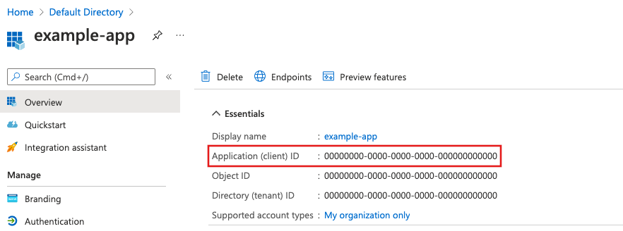 Capture d'écran qui montre comment copier l'ID d'application Microsoft Entra et le stocker.