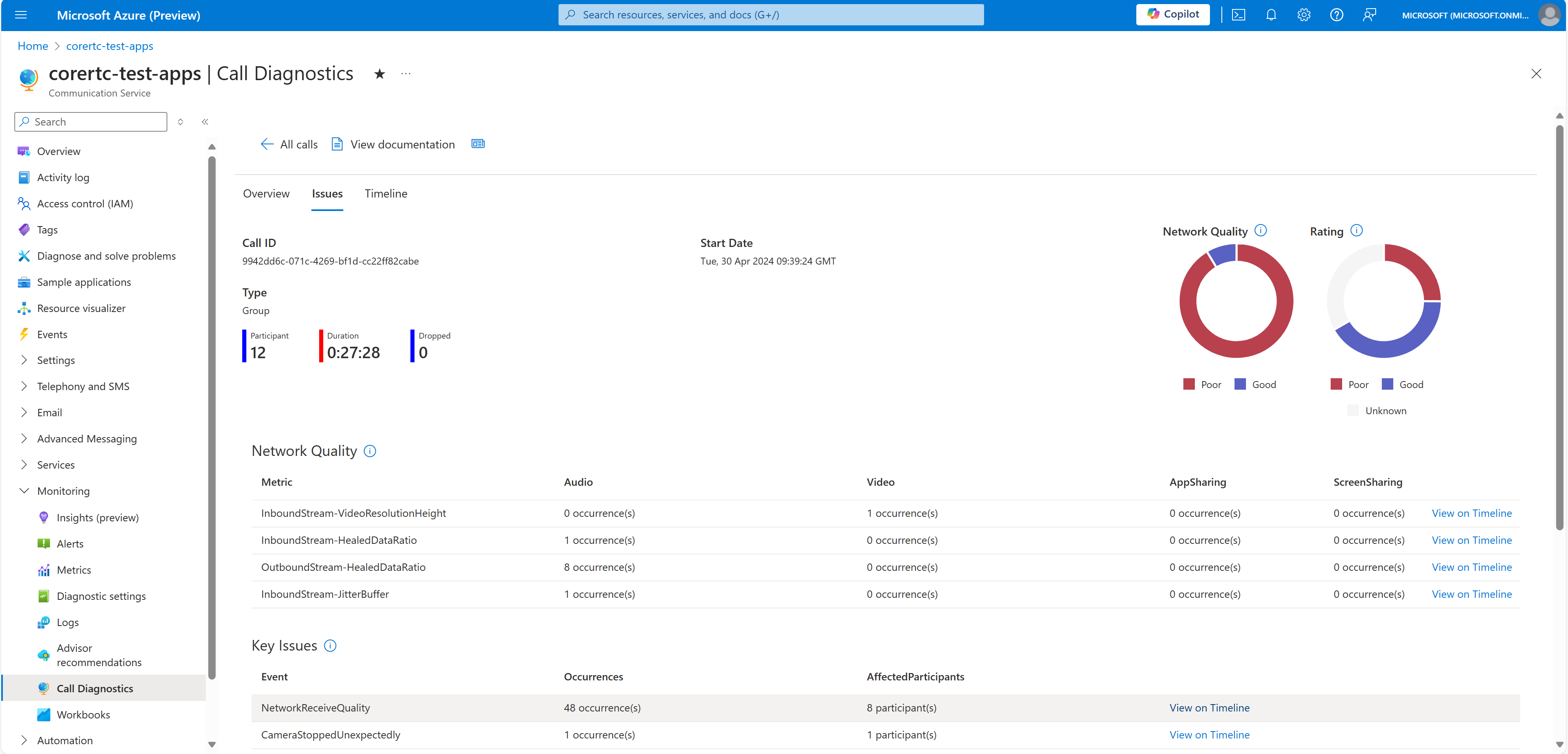 Capture d’écran de l’onglet Problèmes de Diagnostics des appels montrant les principaux problèmes détectés dans un appel sélectionné.