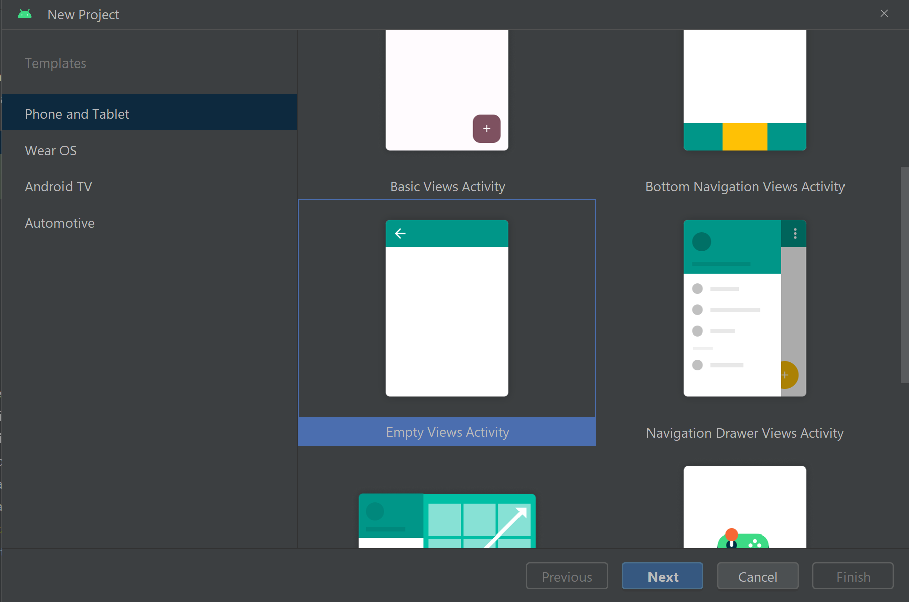 Capture d’écran montrant le commencement de la création d’un projet Android Studio