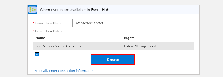 Capture d’écran montrant les informations de connexion fournies avec l’option de création sélectionnée.