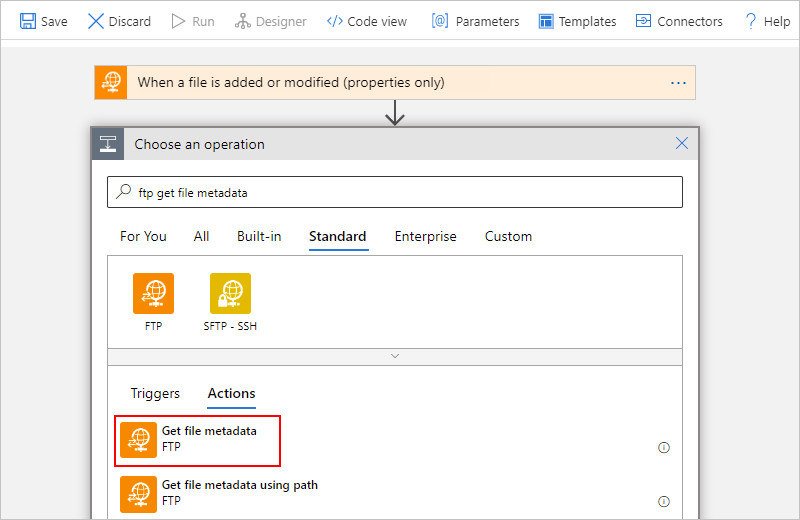 Capture d’écran montrant le portail Azure, le concepteur de flux de travail Consommation, la zone de recherche avec l’entrée « ftp obtenir métadonnées fichier » et l’action « Obtenir les métadonnées du fichier » sélectionnée.