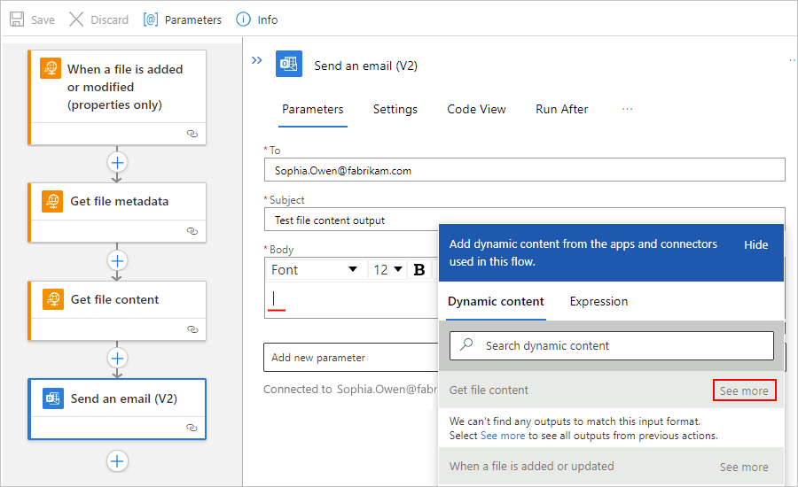 Capture d’écran montrant le concepteur de flux de travail Standard, l’action « Envoyer un e-mail » et la liste de contenu dynamique ouverte avec l’option « Voir plus » sélectionnée en regard de la section de l’action managée « Obtenir le contenu du fichier ».