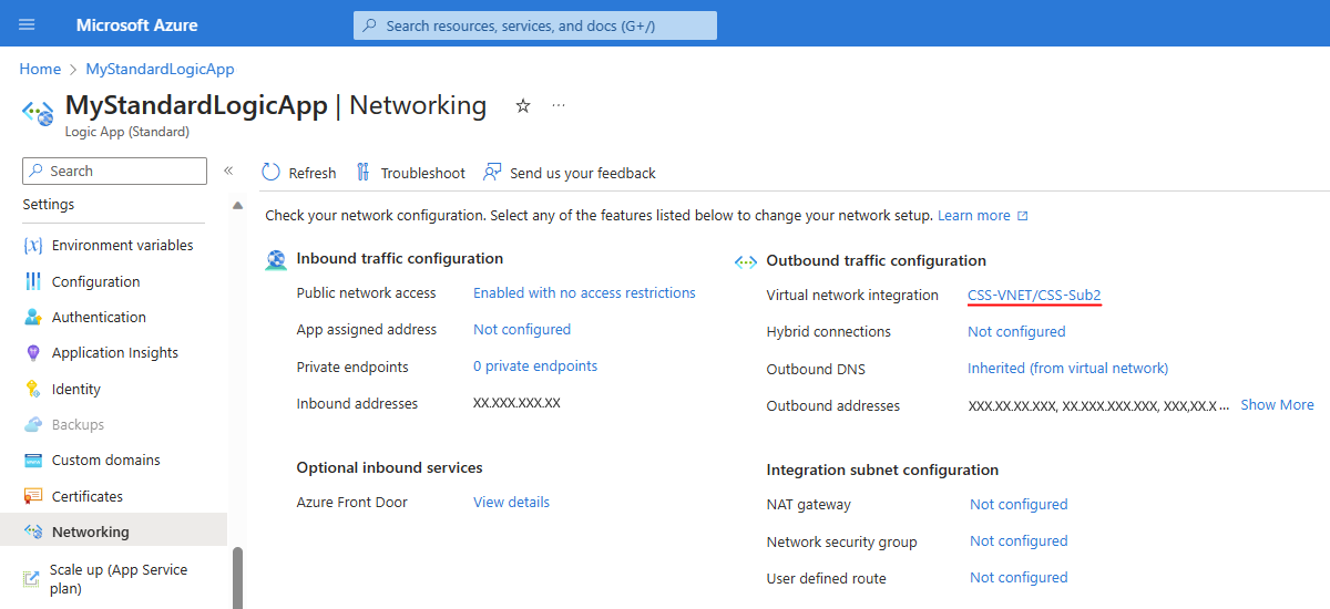 Capture d’écran montrant le portail Azure, la ressource d’application logique Standard, la page Mise en réseau avec un réseau virtuel et un sous-réseau sélectionnés.