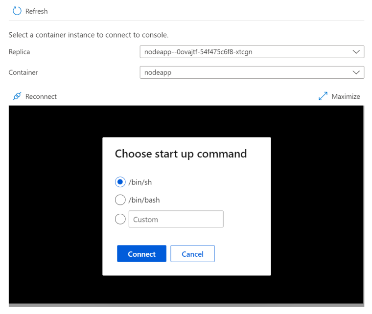 Capture d’écran de la page de Console dans  Azure Container Apps.