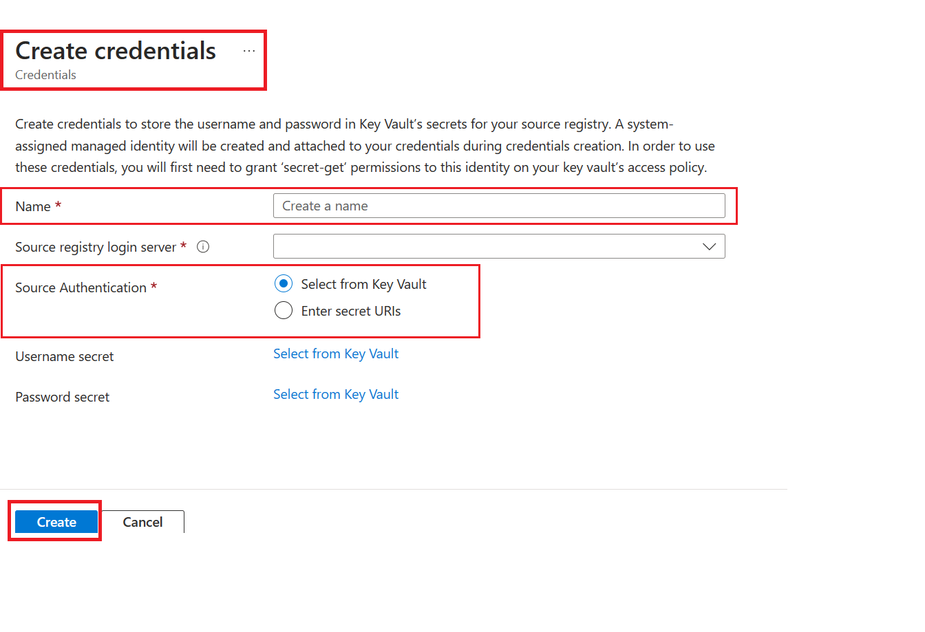 Capture d’écran de la création d’informations d’identification dans le portail Azure.