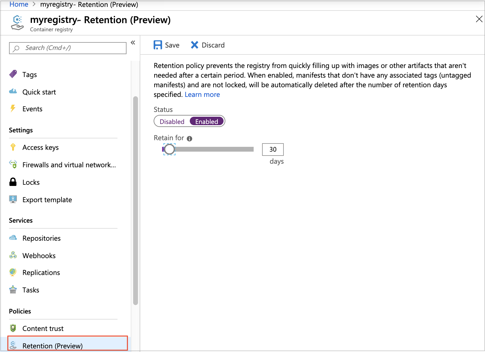 Activer une stratégie de rétention dans le portail Azure