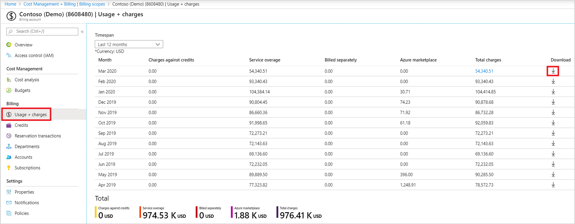 Capture d’écran montrant la page Factures de Cost Management + Facturation pour les clients E A.