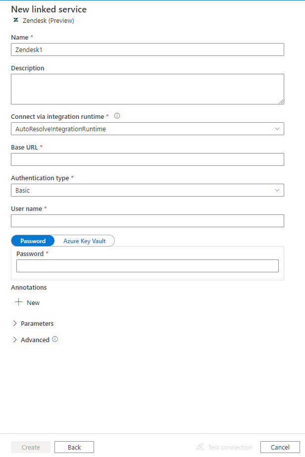 Capture d’écran de la configuration d’un service lié Zendesk.