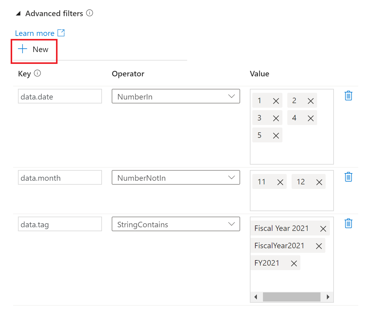 Capture d’écran montrant la définition de filtres avancés pour un déclencheur d’événement client.