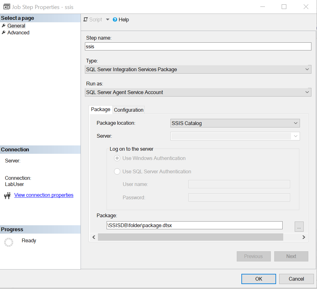 Onglet Package avec des sélections pour le type de source du package