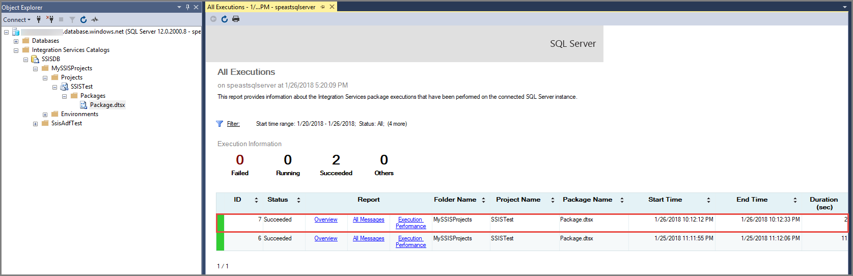 Capture d’écran présentant la vérification de l’exécution d’un package SSIS.