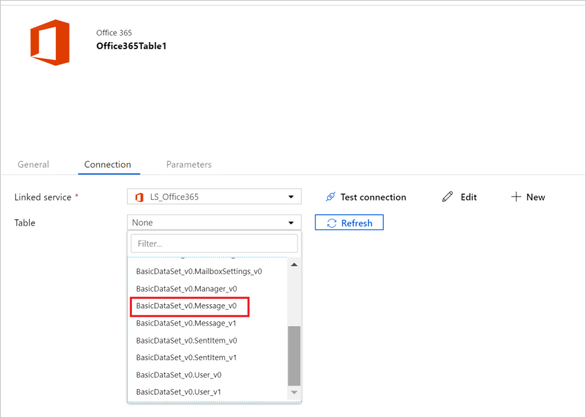 Configuration générale de la table du jeu de données Microsoft 365 (Office 365).