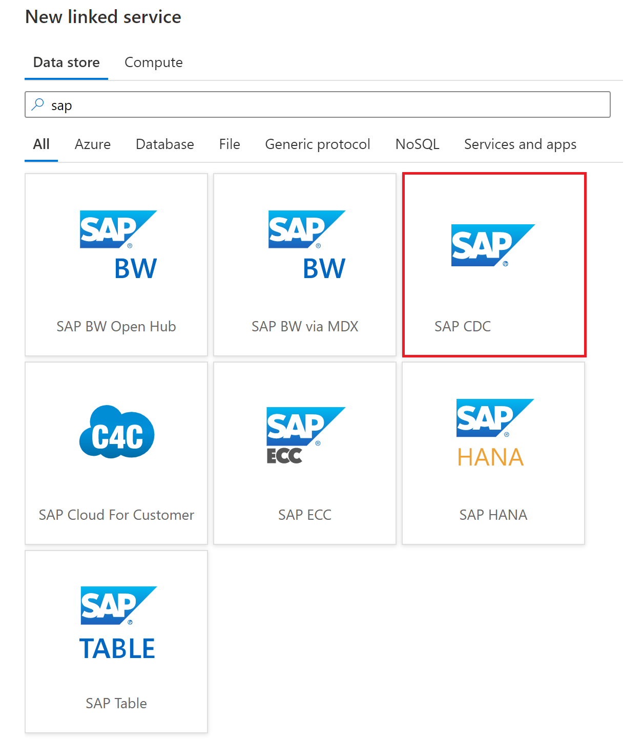 Capture d’écran de la sélection de la source de service liée avec CDC SAP sélectionné.