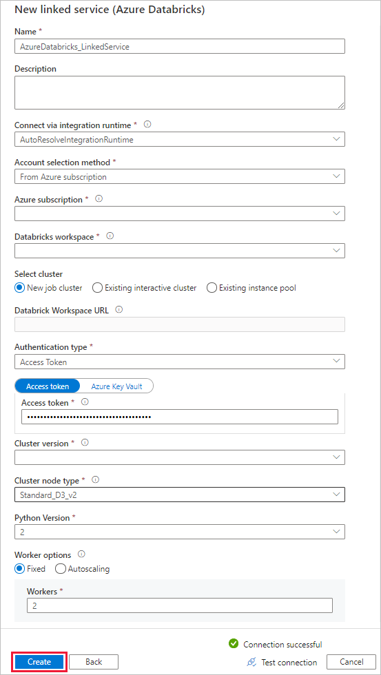 Capture d’écran montrant la configuration du nouveau service lié Azure Databricks.