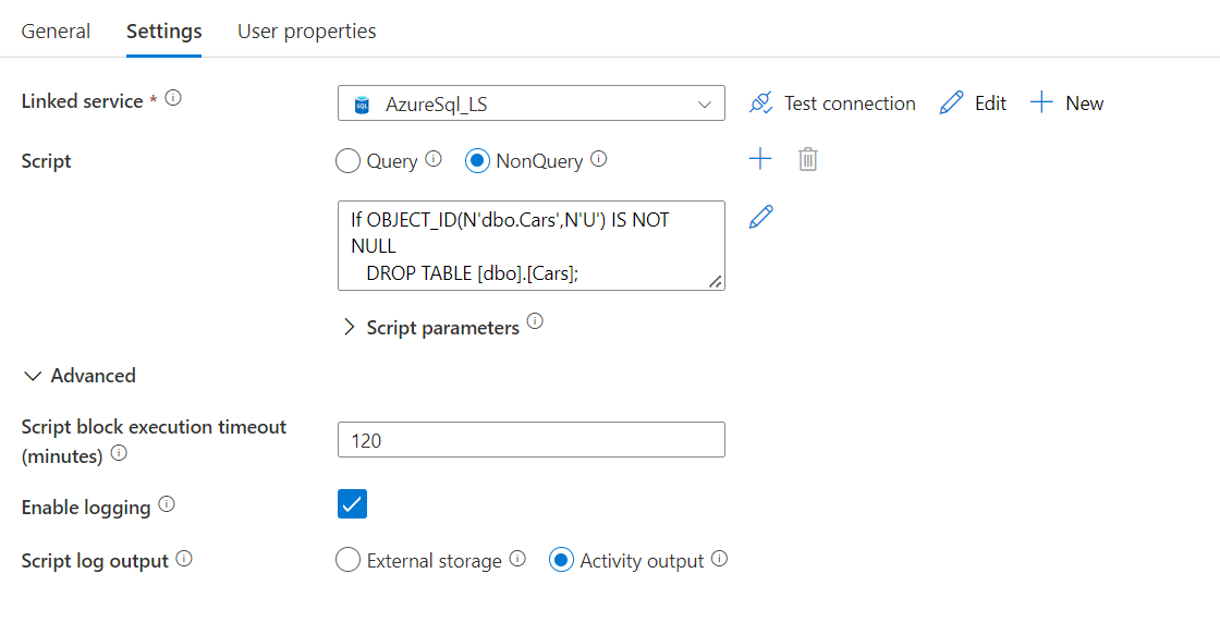 Capture d’écran montrant l’interface utilisateur pour configurer un script inline.