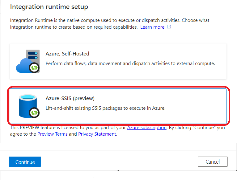 Capture d’écran de la création d’un runtime d’intégration SSIS.