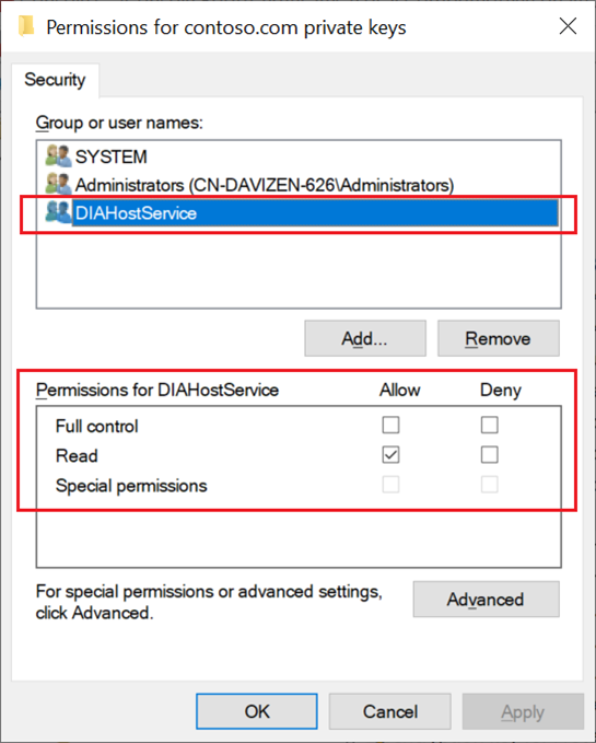 Capture d’écran montrant que le compte de service pour le runtime d’intégration auto-hébergé dispose d’une autorisation de lecture sur les clés privées du certificat.