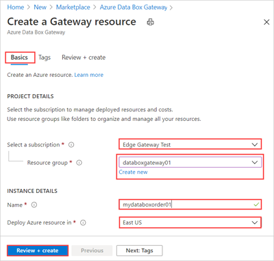 Capture d’écran d’une entrée des détails d’un projet et d’une instance pour une commande Data Box Gateway.