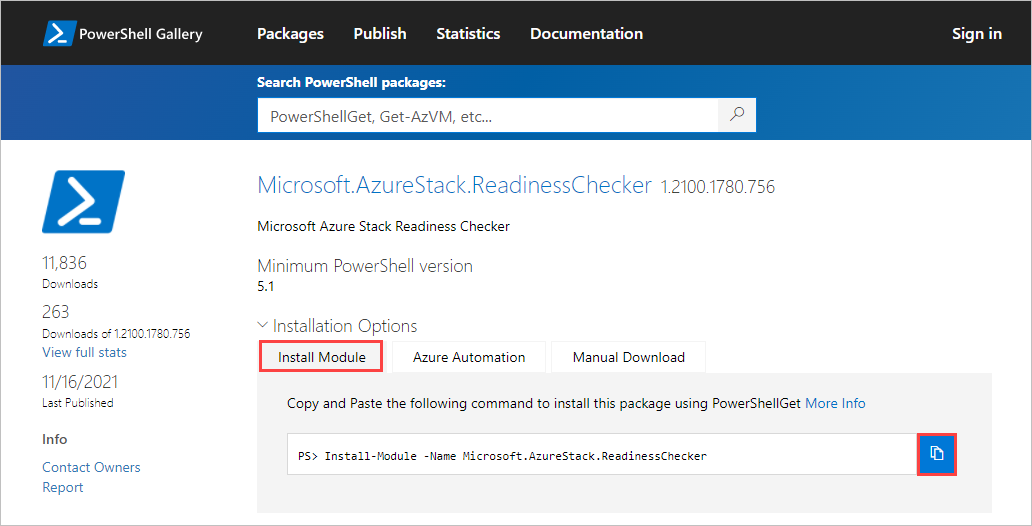 Capture d’écran montrant la page de téléchargement de l’outil Azure Stack Edge Network Readiness Checker. L’onglet Installer le module et l’icône Copier sont mis en évidence.