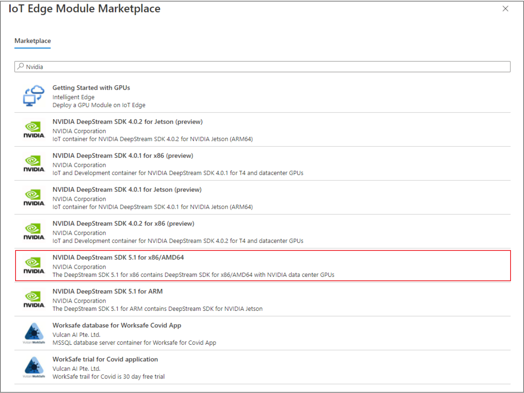 Capture d’écran du portail Azure, Place de marché de module IoT Edge, options pour les modules.