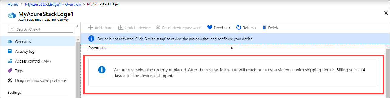 Notification relative à l'examen de la commande de l'appareil Azure Stack Edge Pro FPGA