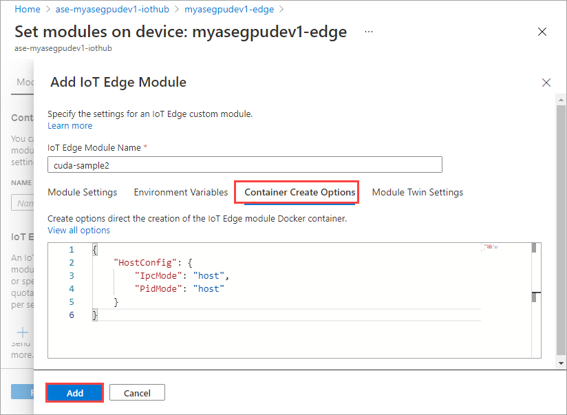 Options de création de conteneur pour le 2e module.