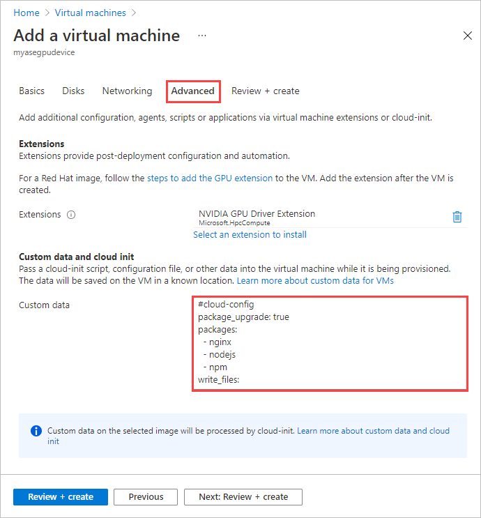 Capture d’écran montrant l’onglet Avancé de l’Assistant Créer une nouvelle machine virtuelle, avec un script cloud-init dans la zone Données personnalisées mis en évidence.