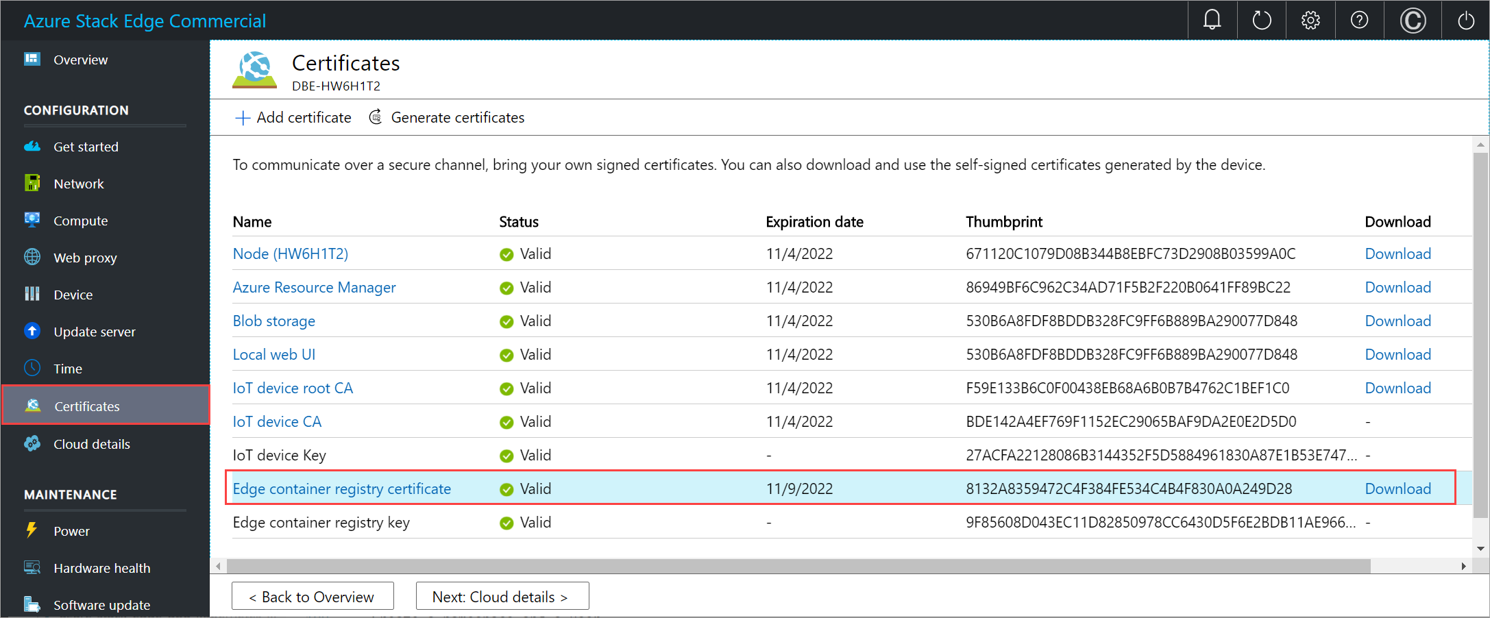 Télécharger le certificat de point de terminaison du registre de conteneurs Edge