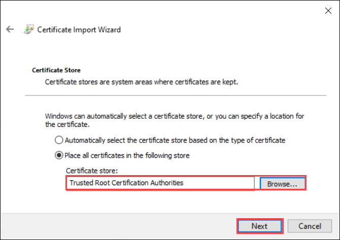 Capture d’écran de l’Assistant d’importation du certificat dans Windows avec le magasin de certificats des autorités de certification racine de confiance sélectionné. L’option Magasin de certificats et le bouton Suivant sont mis en surbrillance.