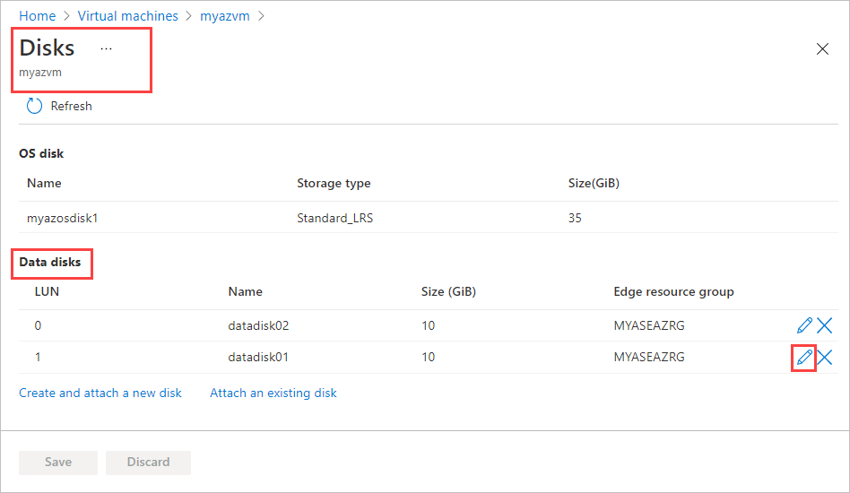 Capture d’écran montrant Disques sur une machine virtuelle. La section Disques de données et l’icône de crayon utilisée pour modifier un disque de données sont mis en évidence.