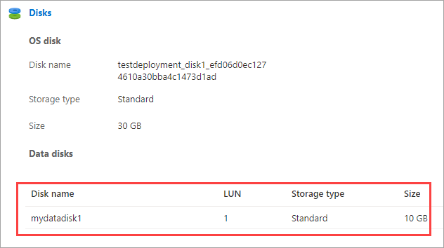 Capture d’écran montrant la section Disques de données du volet Détails pour une machine virtuelle. Une entrée de disque de données est mise en évidence.