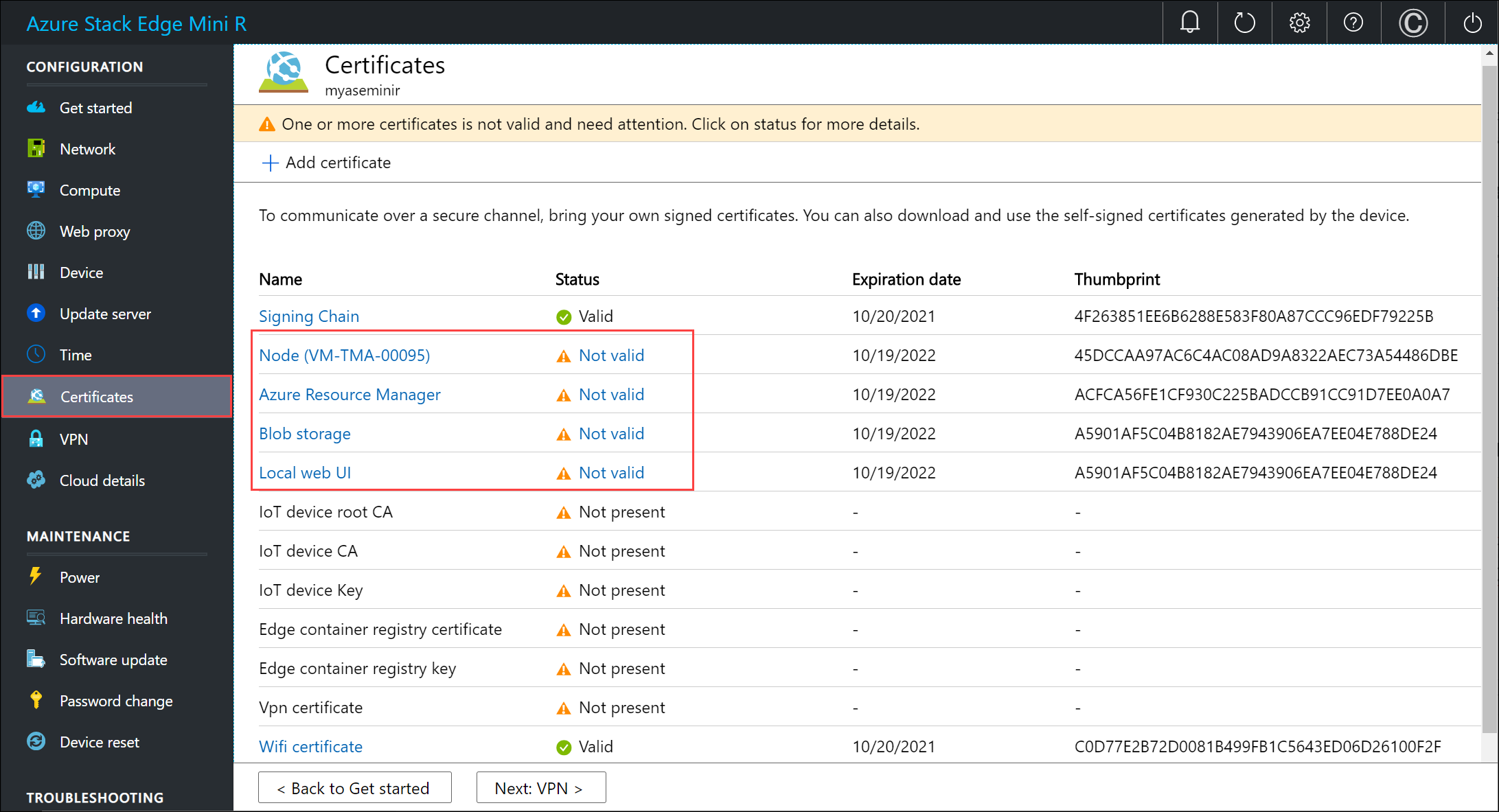 Page 2 « Certificats » de l’interface utilisateur web locale