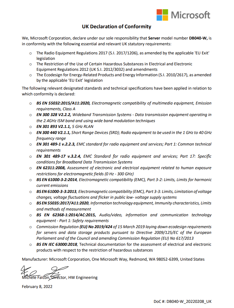 Capture d’écran de la déclaration de conformité pour le Royaume-Uni.