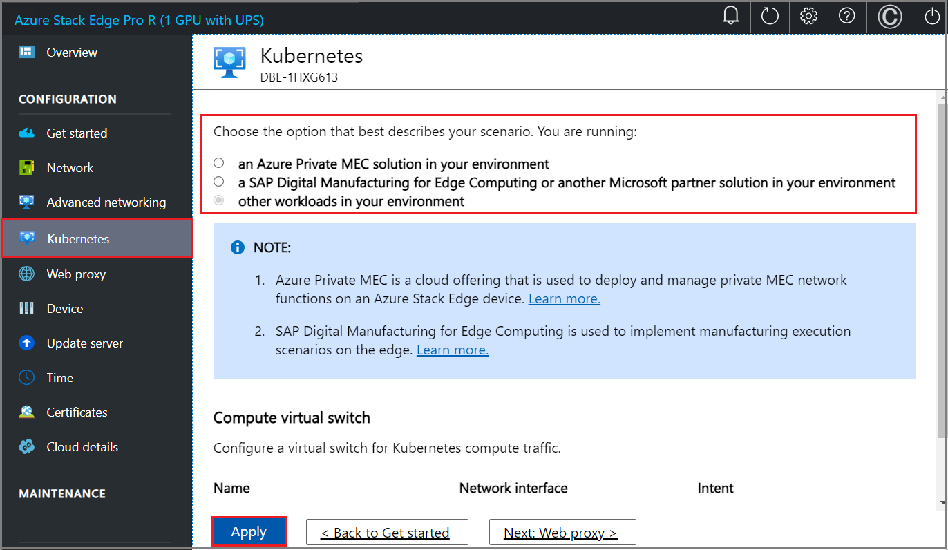 Capture d'écran des options de sélection de charge de travail sur la page Kubernetes de l'interface utilisateur locale pour deux nœuds.